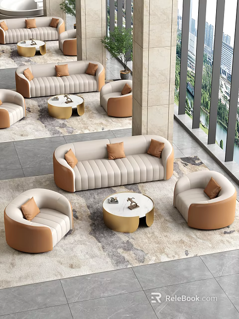 Modern Beige and Orange Sofa Coffee Table Set with Round Gold Base and Pillows 3d model 