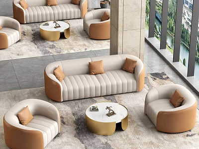 Modern Beige and Orange Sofa Coffee Table Set with Round Gold Base and Pillows 3d model