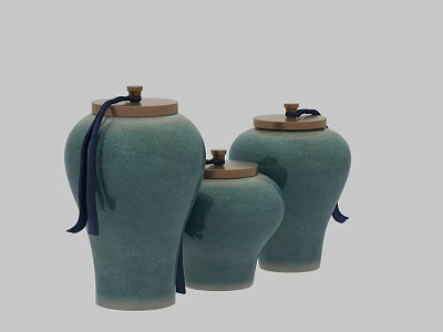 Teal Colored Ceramic Jars With Wooden Lids And Blue Ribbons For Home Decor 3d model