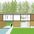 Lush Forest Single Family Home With Wooden Stone Exterior Large Windows Front Garden and Driveway