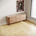 Vintage Portrait Painting In Ornate Carved Frame Hanging On Wall With Wooden Cabinet And Blinds
