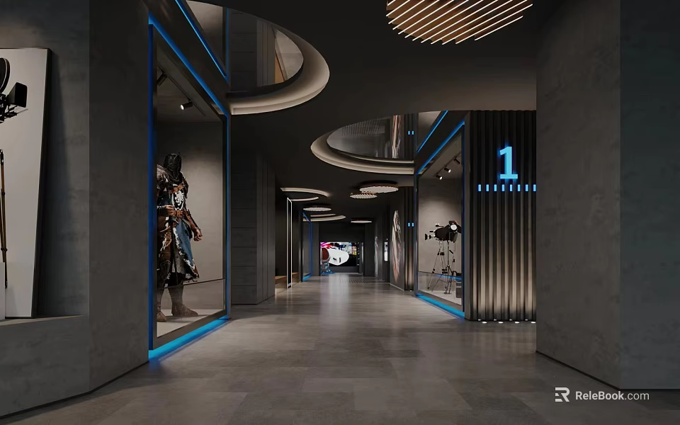 Modern Elevator Lobby With Curved Ceiling Blue Lights And Armor 3d model