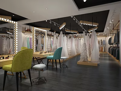 Elegant Bridal Shop Interior With Hanging Wedding Dresses Illuminated Mirrors And Makeup Tables 3d model