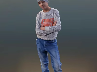 Man Wearing Gray Sweater With Red Graphic And Blue Jeans Arms Crossed on Gray Background 3d model