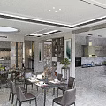 Modern Dining and Living Room Interior With Dining Table Chairs Kitchen Area And Decorative Plants