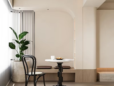 Minimalist Table and Chair Set in Light Interior With Green Plant and Wooden Bench 3d model