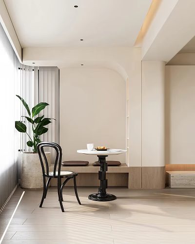 Minimalist Table and Chair Set in Light Interior With Green Plant and Wooden Bench 3d model