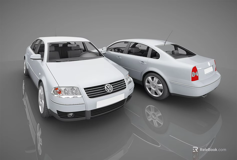 Two White Volkswagen Sedans with Front and Side Views in Modern Studio Setting 3d model 