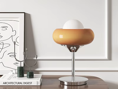 Modern Minimalist Table Lamp Featuring Orange White Shade And Metal Base On Wooden Table 3d model