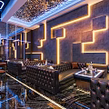 Modern Bar Interior Design With Neon Lights Archway And Metallic Decor