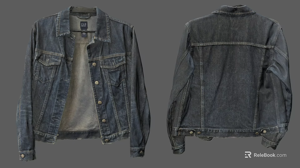 Classic Dark Blue Denim Jacket Front and Back Views with Button Closure and Pockets 3d model 