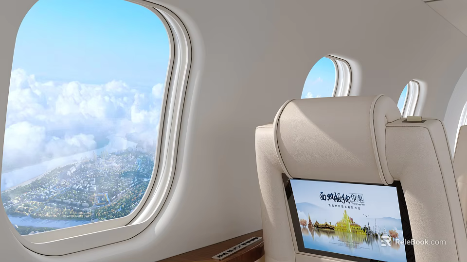 Airliner Cabin Interior With Windows Luxury Seat And Screen 3d model 