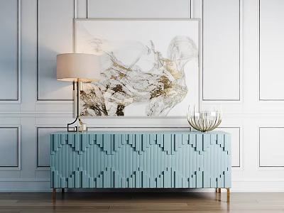 Blue Console Table With Table Lamp And Decorative Object In Entryway Against White Wall 3d model