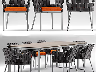Modern Dining Table Set With Wooden Top And Woven Chairs Orange Cushions 3d model