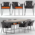 Modern Dining Table Set With Wooden Top And Woven Chairs Orange Cushions