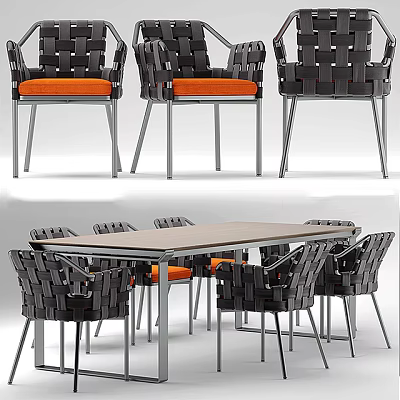 Modern Dining Table Set With Wooden Top And Woven Chairs Orange Cushions 3d model