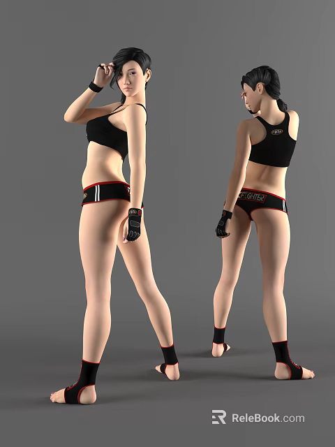 Woman In Black Sports Bra And Red Striped Shorts With Black Gloves In Fitness Pose 3d model 