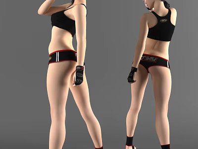 Woman In Black Sports Bra And Red Striped Shorts With Black Gloves In Fitness Pose 3d model