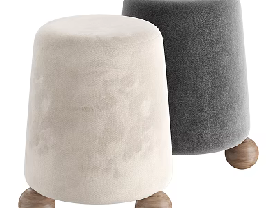 Two Modern Beige and Grey Upholstered Ottoman with Wooden Legs 3d model