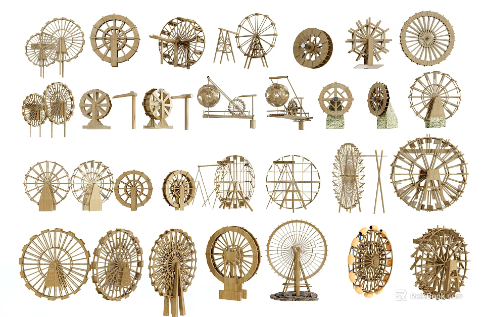 Various Wooden Garden Ornaments With Windmills Wheels And Decorative Structures 3d model 