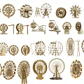 Various Wooden Garden Ornaments With Windmills Wheels And Decorative Structures