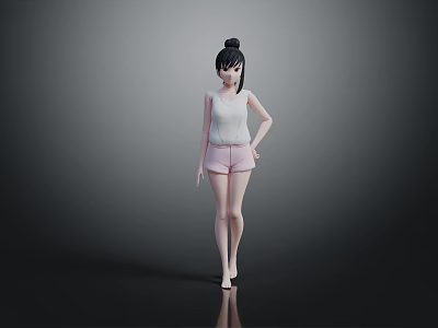 Game Female Character 3D Model With Black Bun Hair White Tank Top Pink Shorts And Barefoot 3d model