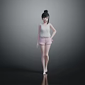 Game Female Character 3D Model With Black Bun Hair White Tank Top Pink Shorts And Barefoot