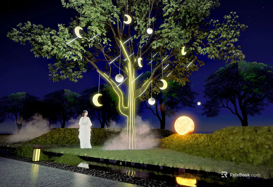 Outdoor Lights With Moon And Sphere Shaped Hanging On Tree In Misty Night Grassland 3d model 