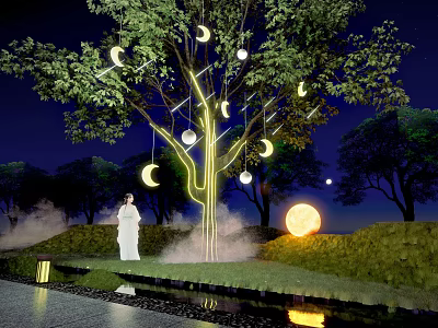 Outdoor Lights With Moon And Sphere Shaped Hanging On Tree In Misty Night Grassland 3d model