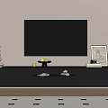 Modern TV Stand With Flat Screen TV And Decorative Items Like Vase Fruits And Frame