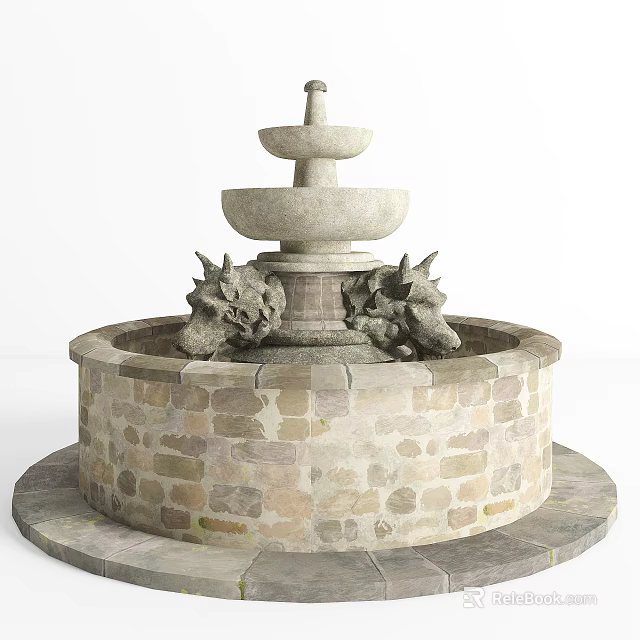 Garden Ornamental Stone Fountain With Multi Tiered Design Dragon Head Decorations And Brick Base 3d model 