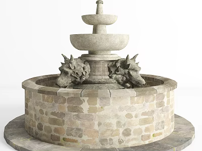 Garden Ornamental Stone Fountain With Multi Tiered Design Dragon Head Decorations And Brick Base 3d model