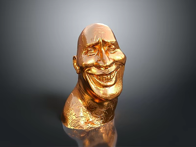 Golden Human Head Sculpture With Exaggerated Smile And Textured Surface On Dark Background 3d model