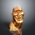 Golden Human Head Sculpture With Exaggerated Smile And Textured Surface On Dark Background