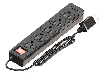 Black Switch Panel With Multiple Outlets Red Switch And Attached Power Cord 3d model