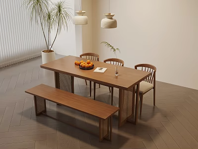 Minimalist Dining Table Set With Wooden Table Chairs Bench Fruit Platter Plant And Pendant Lights 3d model