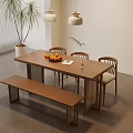Minimalist Dining Table Set With Wooden Table Chairs Bench Fruit Platter Plant And Pendant Lights