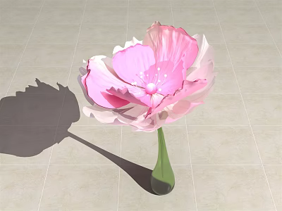 Blooming Pink Flower in Green Vase on Light Colored Tiled Floor with Shadow 3d model