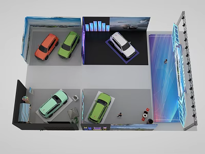 Colorful Car Models On Display Stands With Exhibition Setup And Different Hues 3d model