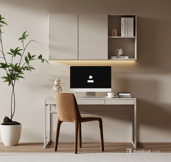 Modern Home Office Desk With Brown Chair Computer Monitor White Cabinet And Green Plant 3d model 