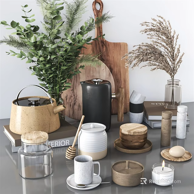 Cozy Kitchen Interior Decor With Green Plants Wooden Cutting Board Teapot And Honey Jar 3d model 