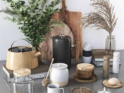 Cozy Kitchen Interior Decor With Green Plants Wooden Cutting Board Teapot And Honey Jar 3d model