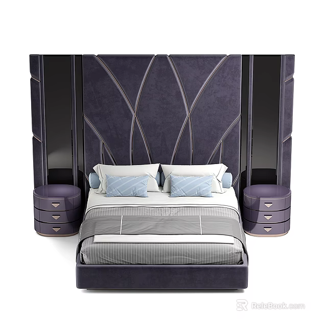 Dark Purple Upholstered Double Bed With Geometric Headboard Light Blue Pillows And Striped Bedspread 3d model 