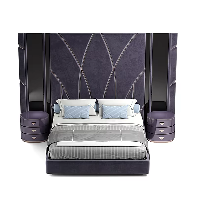 Dark Purple Upholstered Double Bed With Geometric Headboard Light Blue Pillows And Striped Bedspread 3d model
