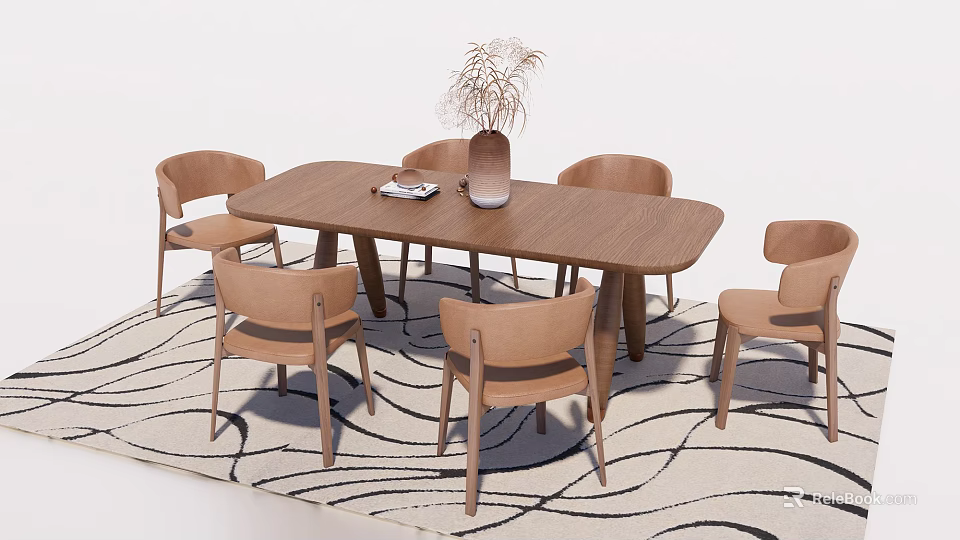 Wooden Rectangular Dining Table Set with Six Chairs and Vase on Wave Pattern Carpet 3d model