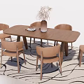 Wooden Rectangular Dining Table Set with Six Chairs and Vase on Wave Pattern Carpet 3d model