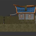 3D Cartoon Scene Featuring Cute House Blue Roof Striped Awning Wooden Fence And Small Boat