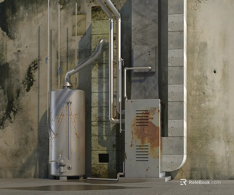 Industrial Equipment With Silver Metal Body Rusty Surface And Pipes Against Concrete Wall 3d model 