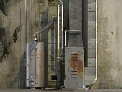 Industrial Equipment With Silver Metal Body Rusty Surface And Pipes Against Concrete Wall 3d model