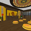 Buddhist Worship Space With Golden Buddha Statue Altar Table Round Cushions And Decorative Ceiling